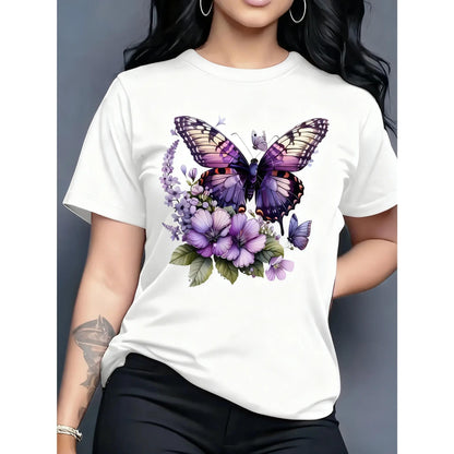 100%25 Cotton Women's Turquoise Blue Butterfly and Lilac Flower Print Short Sleeve Round Neck Casual Top - Machine Washable, Comfortable for All Seasons, Suitable for Daily Wear and Garden Parties - Multiple Colors Available, Lightweight Base Shirt, Tren