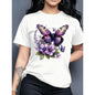 100%25 Cotton Women's Turquoise Blue Butterfly and Lilac Flower Print Short Sleeve Round Neck Casual Top - Machine Washable, Comfortable for All Seasons, Suitable for Daily Wear and Garden Parties - Multiple Colors Available, Lightweight Base Shirt, Tren