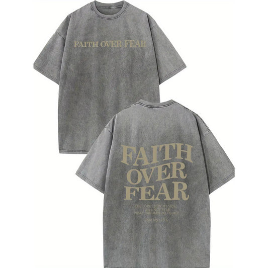Holafish FAITH OVER FEAR Men's 230 High-quality Cotton Vintage Trendy Brand T-shirt,Short Sleeved Round Neck T-shirt,Acid Wash Summer Basic Tees Casual Menswear Soft Top Classic Fabric