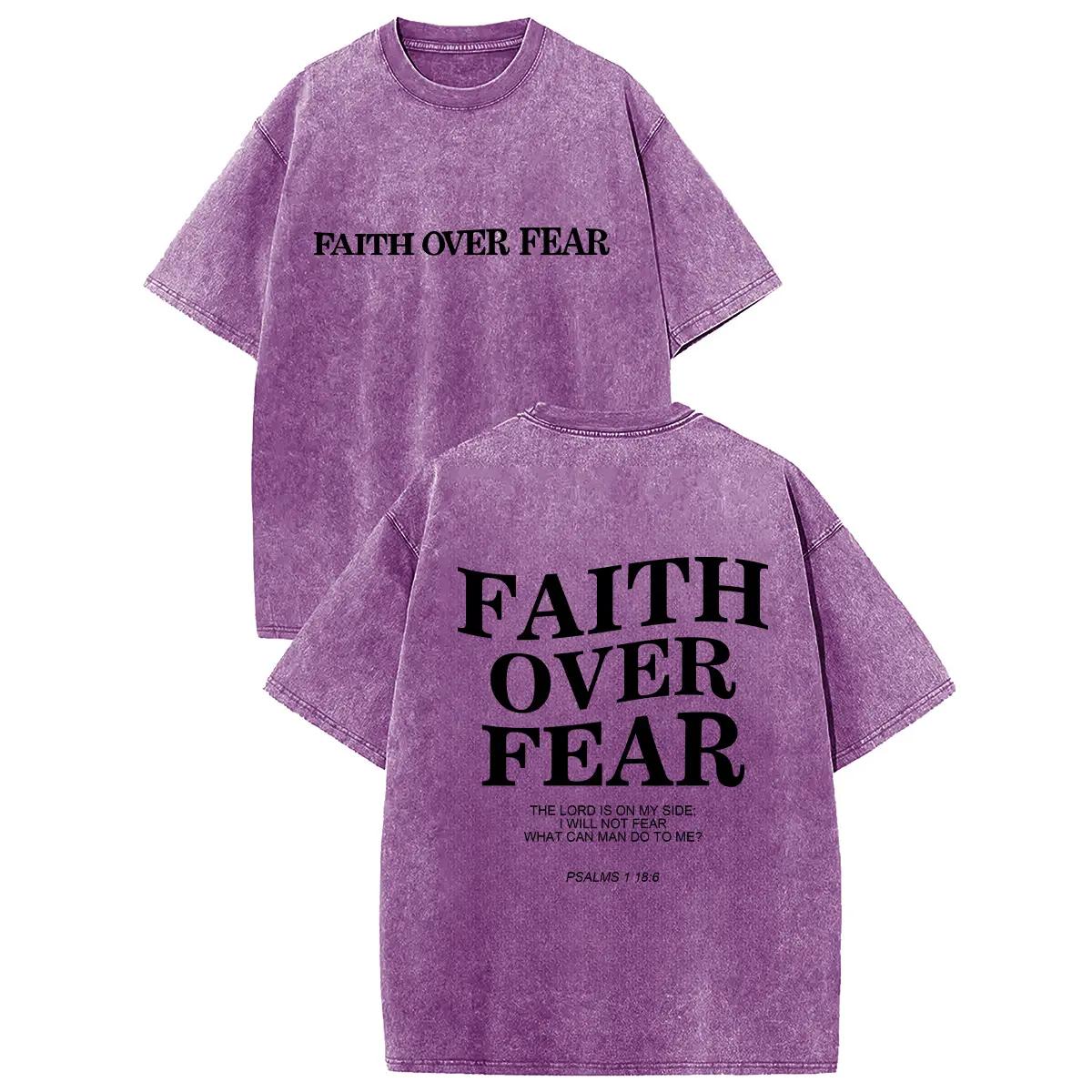 Holafish FAITH OVER FEAR Men's 230 High-quality Cotton Vintage Trendy Brand T-shirt,Short Sleeved Round Neck T-shirt,Acid Wash Summer Basic Tees Casual Menswear Soft Top Classic Fabric