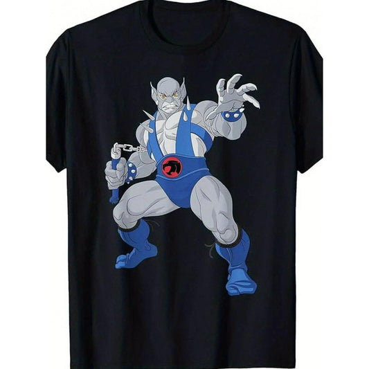 Men's ThunderCats Panthro Graphic Oversized T-Shirt - 100%25 Cotton Loose Fabric, Dark Blue Cartoon Character Print, Short-Sleeve Round Neck, Breathable, Machine Washable Menswear Streetwear Top, All-Season Casual Apparel,summervibes