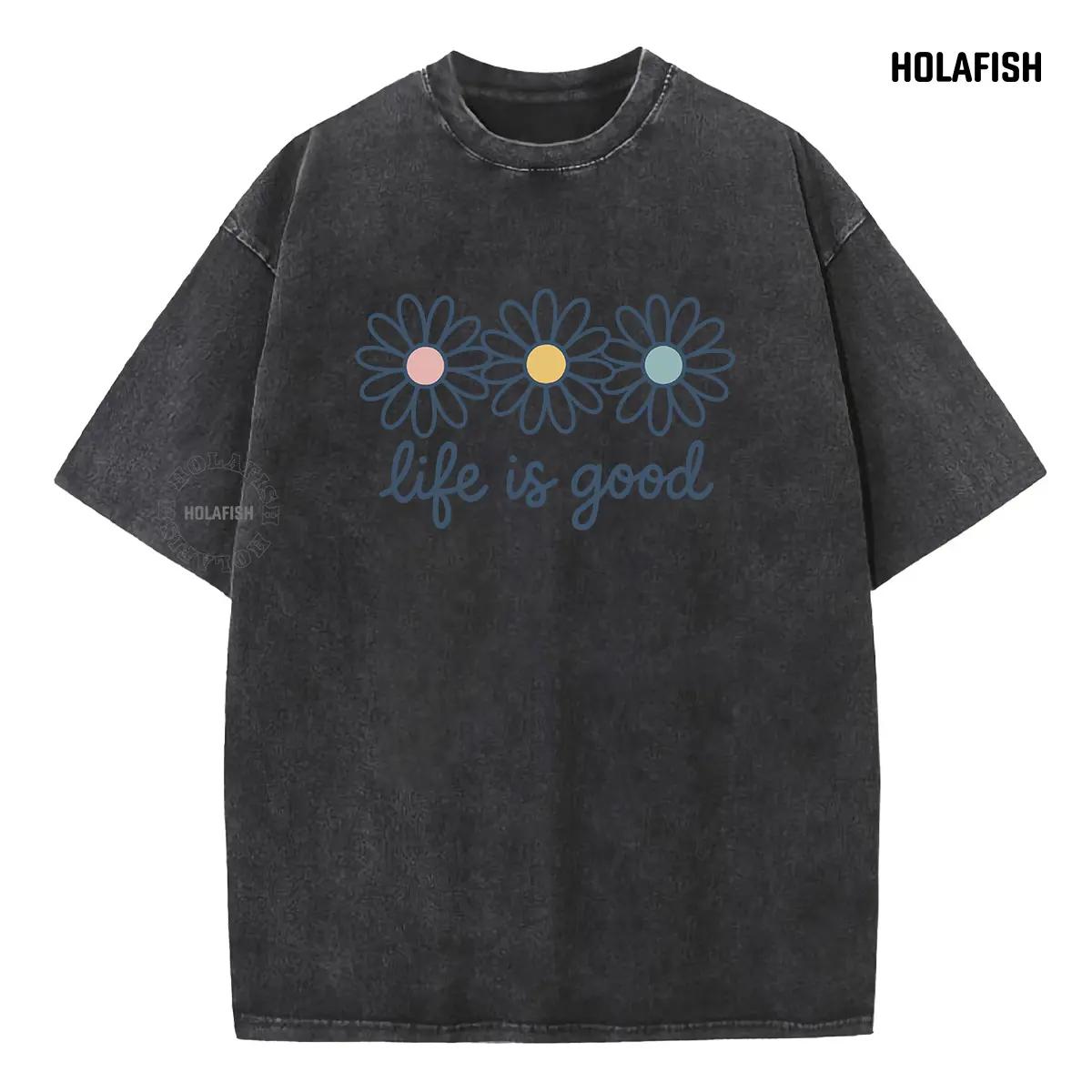 Holafish Upgraded Acid Wash Tee for Women Cotton Trendy Graphic T-Shirt Drop Shoulder Design for Vintage Streetwear Unisex Baggy Hip Hop Style Acid Washed Graphic Tee Mother's Day Gift