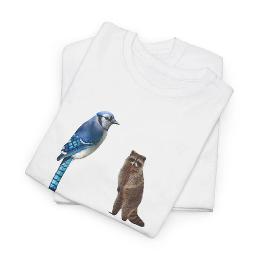 Men's Cotton Ribbed Knit Breathable Fabric Casual T-Shirt - Classic Forest Animals Design (Blue Jay, Raccoon, No Text)