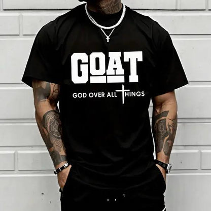 GOAT (God Over All) graphic T-shirt for men, 100%25 pure cotton, loose street-style short sleeves—trendy Christian casual top, best-selling faith urban fashion style., Shortsleeve, Menswear, Tshirt, Round Neck tiktokshopspringglowup