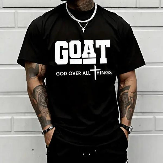 GOAT (God Over All) graphic T-shirt for men, 100%25 pure cotton, loose street-style short sleeves—trendy Christian casual top, best-selling faith urban fashion style., Shortsleeve, Menswear, Tshirt, Round Neck tiktokshopspringglowup