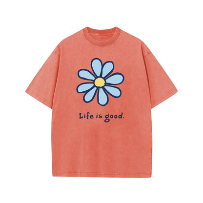 Holafish Womens Daisy, Life Print Graphic Tee, Acid Washed T-Shirt with Drop Shoulder Design, Unisex Baggy Hip Hop Vintage Streetwear Style, Mothers Day Gift