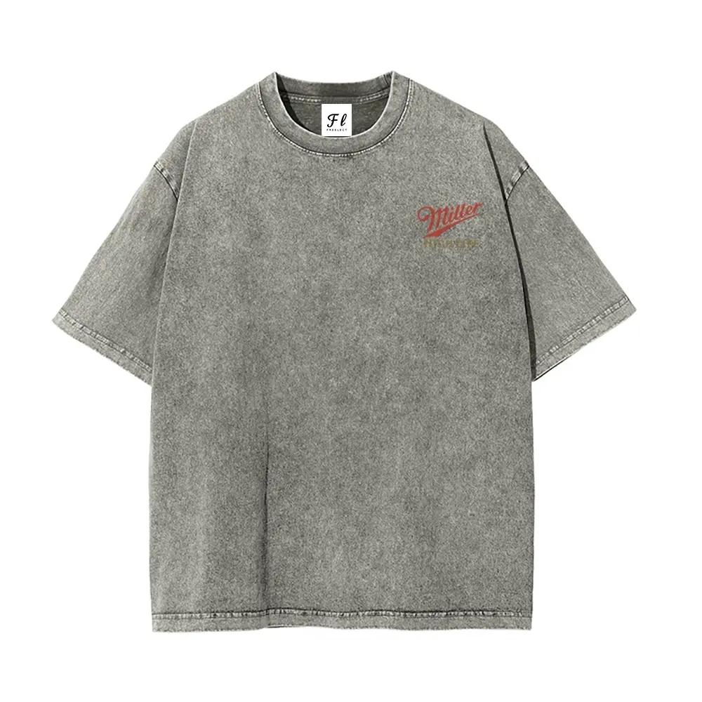 Menswear Short-Sleeve Round Neck Vintage Washed Unisex T-Shirt - Retro Logo Graphic Tee, Soft Cotton Fabric Casual Comfortable Top with Tropical Vibe, Classic Fit Streetwear