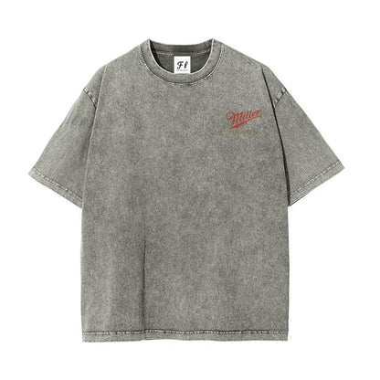 Menswear Short-Sleeve Round Neck Vintage Washed Unisex T-Shirt - Retro Logo Graphic Tee, Soft Cotton Fabric Casual Comfortable Top with Tropical Vibe, Classic Fit Streetwear