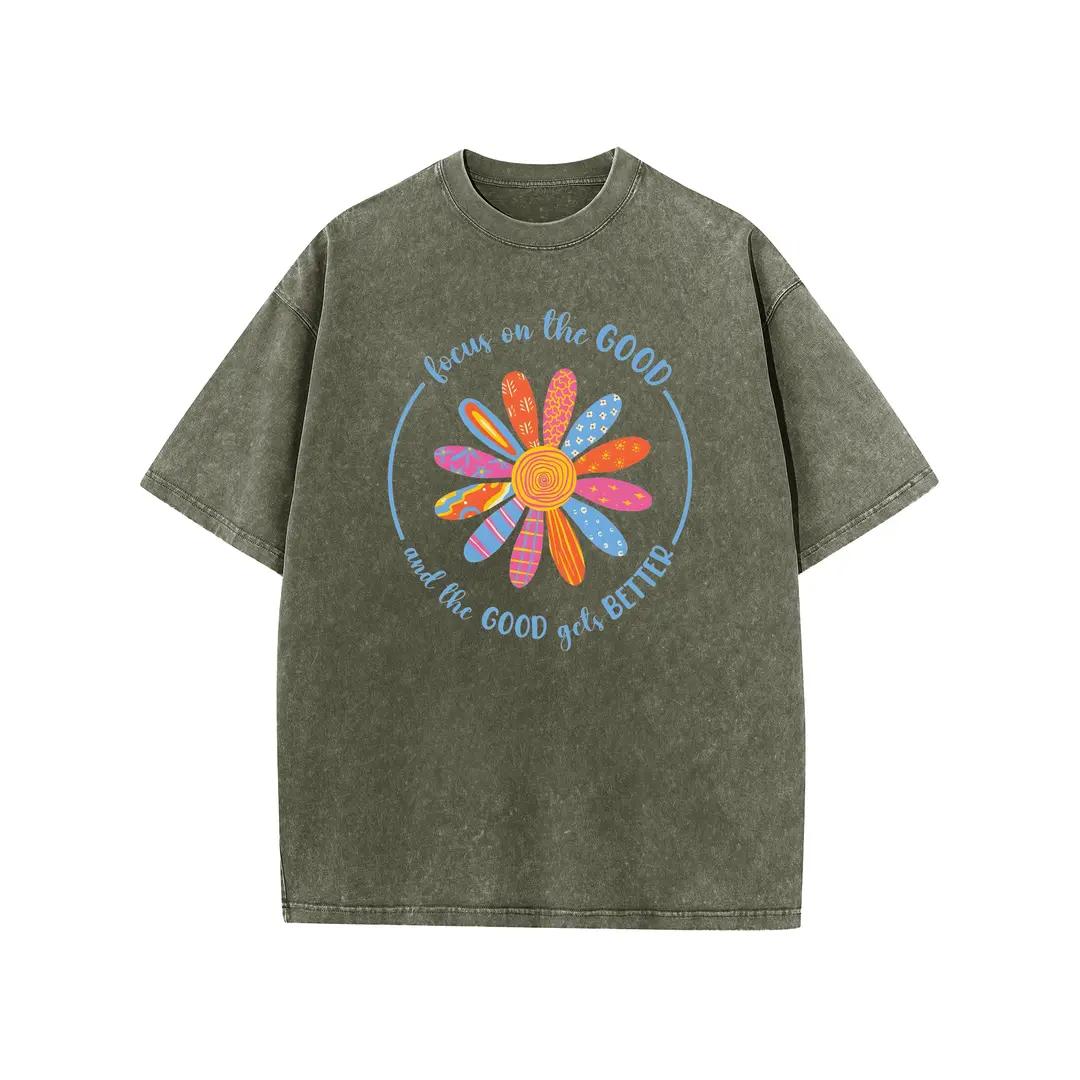 Holafish Flower Print T-Shirt, Unisex Heavy-Weight Cotton Acid Washed Graphic Short Sleeve Casual Tee for Streetwear, Weekend Wear and Everyday Style