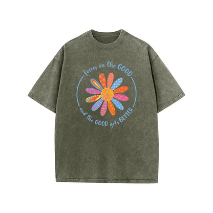 Holafish Flower Print T-Shirt, Unisex Heavy-Weight Cotton Acid Washed Graphic Short Sleeve Casual Tee for Streetwear, Weekend Wear and Everyday Style