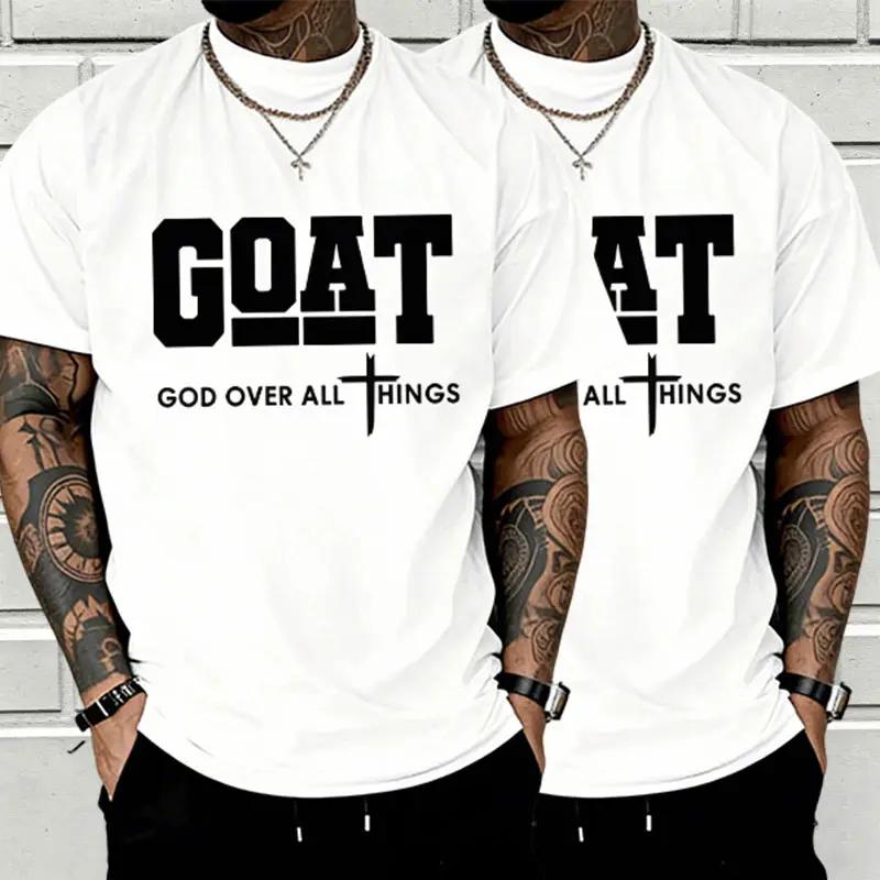 GOAT (God Over All) graphic T-shirt for men, 100%25 pure cotton, loose street-style short sleeves—trendy Christian casual top, best-selling faith urban fashion style., Shortsleeve, Menswear, Tshirt, Round Neck tiktokshopspringglowup