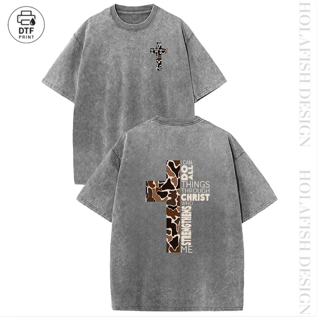 Holafish Acid Washed  Printed Tee, Drop Shoulder Crewneck T-Shirt for Casual Wear, Streetwear and Everyday Style