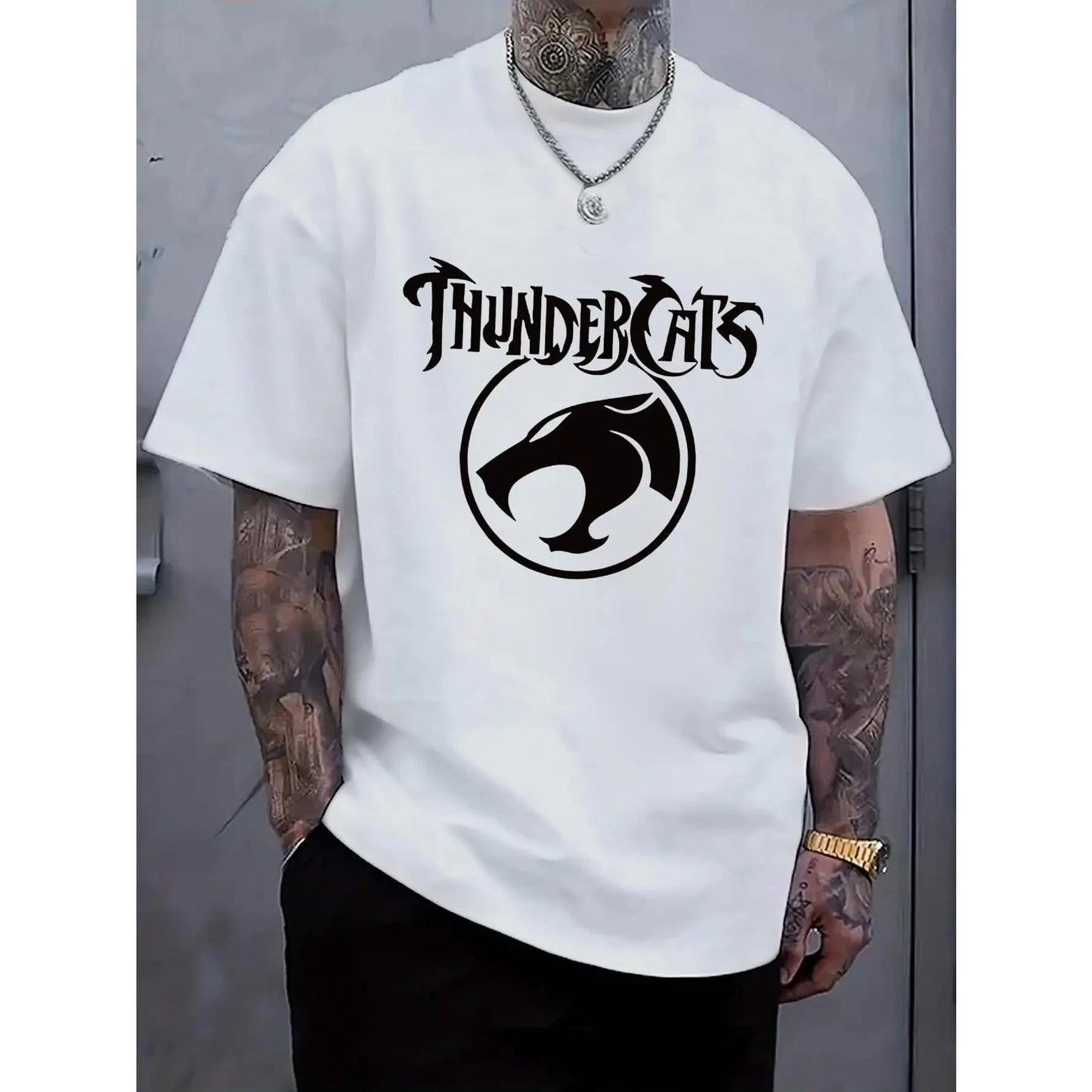 Men'S Black "ThunderCats" Graphic T-Shirt - Casual Streetwear with Roaring Cat Design, Crew Neck, Short Sleeve, Regular Fit, Perfect for Daily Wear, Casual Streetwear | Bold Graphic Tee | Stretchy FabricFor your toay's outfit