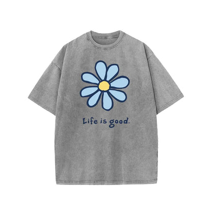 Holafish Womens Daisy, Life Print Graphic Tee, Acid Washed T-Shirt with Drop Shoulder Design, Unisex Baggy Hip Hop Vintage Streetwear Style, Mothers Day Gift
