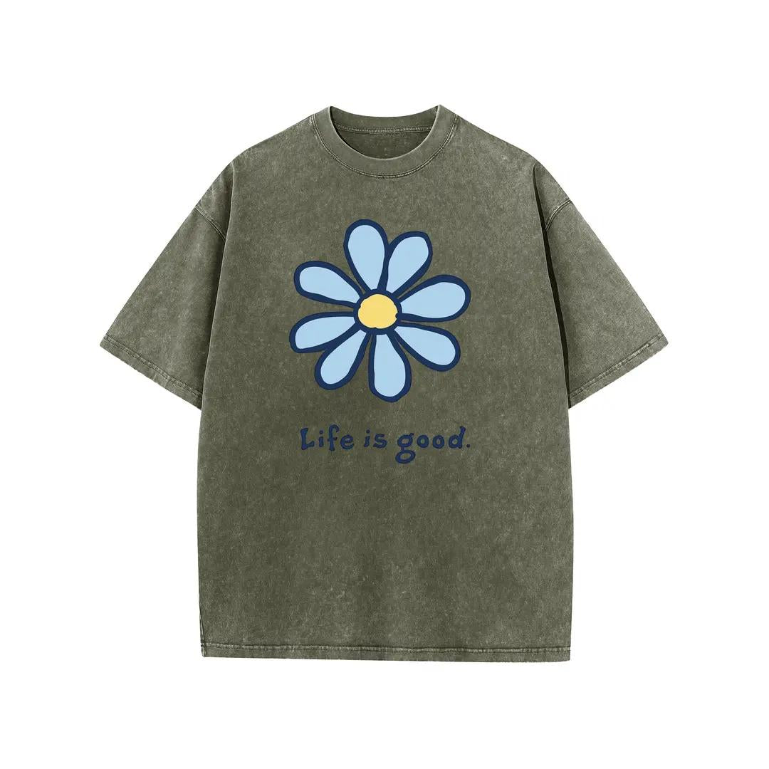 Holafish Womens Daisy, Life Print Graphic Tee, Acid Washed T-Shirt with Drop Shoulder Design, Unisex Baggy Hip Hop Vintage Streetwear Style, Mothers Day Gift