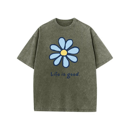 Holafish Womens Daisy, Life Print Graphic Tee, Acid Washed T-Shirt with Drop Shoulder Design, Unisex Baggy Hip Hop Vintage Streetwear Style, Mothers Day Gift