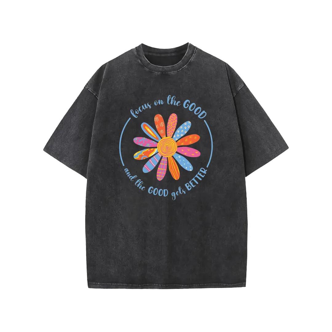 Holafish Flower Print T-Shirt, Unisex Heavy-Weight Cotton Acid Washed Graphic Short Sleeve Casual Tee for Streetwear, Weekend Wear and Everyday Style