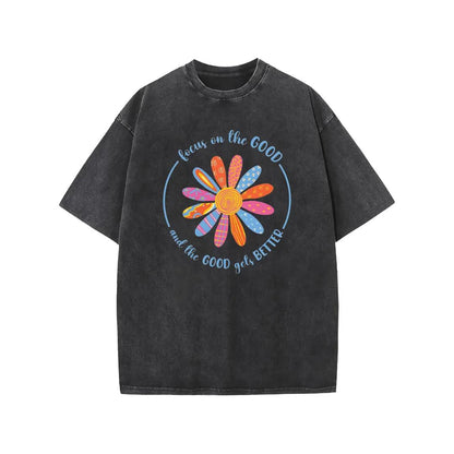 Holafish Flower Print T-Shirt, Unisex Heavy-Weight Cotton Acid Washed Graphic Short Sleeve Casual Tee for Streetwear, Weekend Wear and Everyday Style
