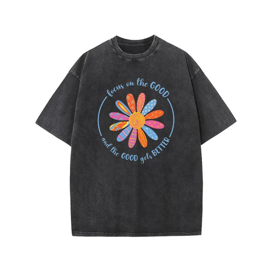 Holafish Flower Print T-Shirt, Unisex Heavy-Weight Cotton Acid Washed Graphic Short Sleeve Casual Tee for Streetwear, Weekend Wear and Everyday Style