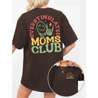 Women's Overstimulated Moms Club Round Neck Graphic Tee, Vintage Trendy Casual Short Sleeve T-shirt for Daily Wear, Ladies Summer Outfit, Top