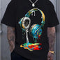 Men's Navy Blue Graphic Tee with Vibrant Headphone Print - 180g Thick Cotton, Casual & Trendy, Short Sleeve Crew Neck T-Shirt, Machine Washable for Summer Fashion, Street Fashion Tee| Graphic Print Shirt| Durable Casualwear