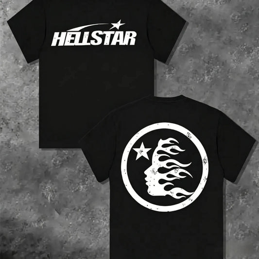 100%25 Cotton Hell Star Pattern Double Sided Printed T-Shirt, High Quality Crew Neck Casual Short Sleeve Top for Spring & Summer