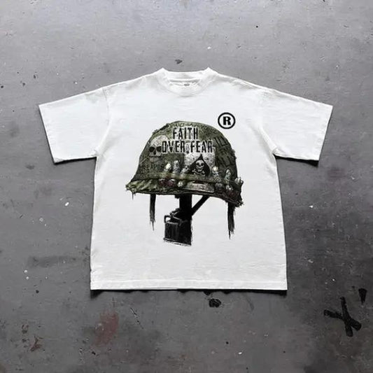 War Helmet Faith Over Fear Graphic Print Cotton T-Shirt, grunge y2k emo scene tapout goth amity affliction style clothes, Unisex T-shirt