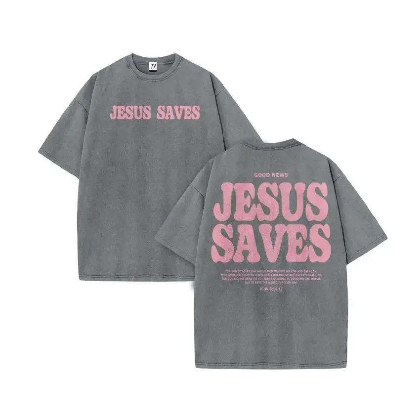 Unisex Jesus Saves Print Acid Washed T-shirt Breathable Tshirt Cotton