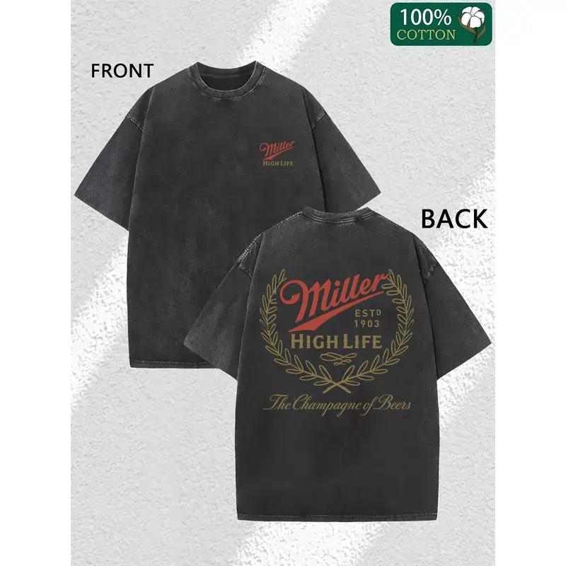 Menswear Short-Sleeve Round Neck Vintage Washed Unisex T-Shirt - Retro Logo Graphic Tee, Soft Cotton Fabric Casual Comfortable Top with Tropical Vibe, Classic Fit Streetwear