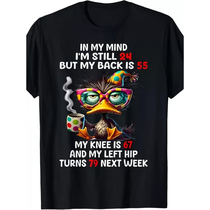 Duck In My Mind I'm Still 24 But My Back Is 55 Funny Saying T-Shirt Men's Soft Breathable Cotton Shirt - Black Crew Neck Casual Wear, Humor Clothing, Personality T-shirt, Comfortable Material, Short Sleeve Top, PLUS SIZE