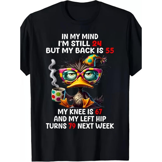 Duck In My Mind I'm Still 24 But My Back Is 55 Funny Saying T-Shirt Men's Soft Breathable Cotton Shirt - Black Crew Neck Casual Wear, Humor Clothing, Personality T-shirt, Comfortable Material, Short Sleeve Top, PLUS SIZE
