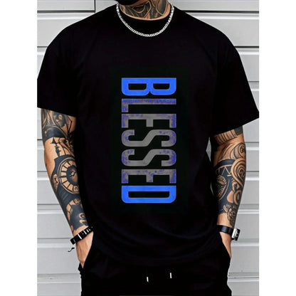 Men's Plus Size Casual Crew Neck T-Shirt - Geometric-Pattern, Smooth Cotton Knit Fabric, Medium Stretch - Short Sleeve Tee for Leisure & Everyday Wear | Breathable Comfort Fit | Machine Washable