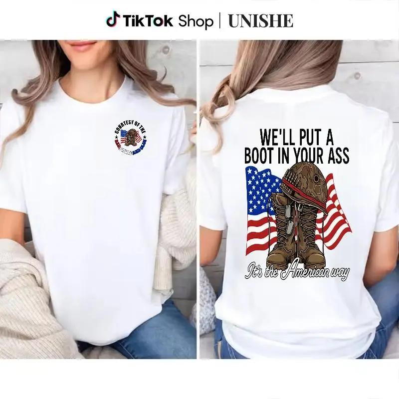 T - shirt with "WE'LL PUT A BOOT IN YOUR ASS" slogan, American flag & military boot graphic, front "CONTEST OF THE RED WHITE AND BLUE" design