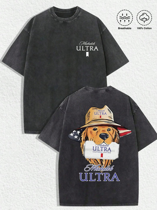"Michelob Ultra - American Dog" Vintage Graphic Tee: Washed Shirt (Available In Gray/Dark Gray) With "Michelob Ultra" Logo (Front), Back Art Of Dog In American Flag Hat Holding Michelob Ultra Beer. Made Of 100%25 Breathable Cotton