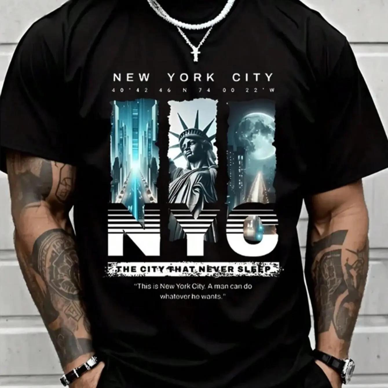Mens NYC Eternal City printed T-shirt, New York street-style short sleeve, Statue of Liberty themed casual top. tiktokshopspringglowup