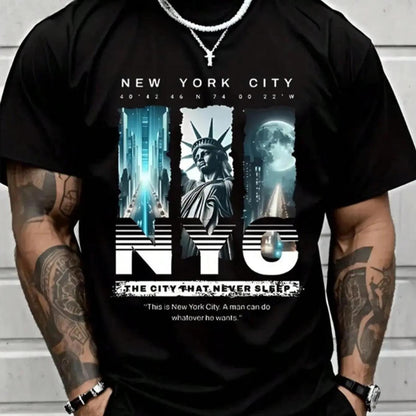 Mens NYC Eternal City printed T-shirt, New York street-style short sleeve, Statue of Liberty themed casual top. tiktokshopspringglowup