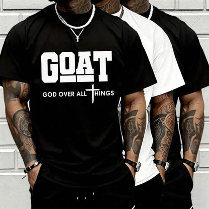 GOAT (God Over All) graphic T-shirt for men, 100%25 pure cotton, loose street-style short sleeves—trendy Christian casual top, best-selling faith urban fashion style., Shortsleeve, Menswear, Tshirt, Round Neck tiktokshopspringglowup