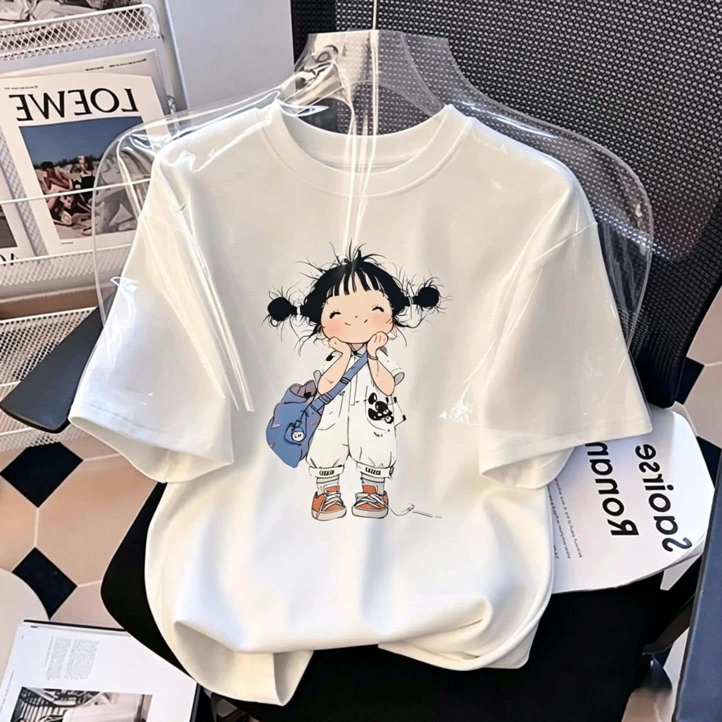 Women's 100%25 Cotton Oversized Short-Sleeve Graphic T-Shirt, Whimsical Sketch Girl with Backpack Print, Y2K Aesthetic Crew Neck Medium-Length Fabric Top, Casual Streetwear Comfortable Breathable, Round Neck tiktokshopspringglowup summerwins
