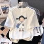Women's 100%25 Cotton Oversized Short-Sleeve Graphic T-Shirt, Whimsical Sketch Girl with Backpack Print, Y2K Aesthetic Crew Neck Medium-Length Fabric Top, Casual Streetwear Comfortable Breathable, Round Neck tiktokshopspringglowup summerwins