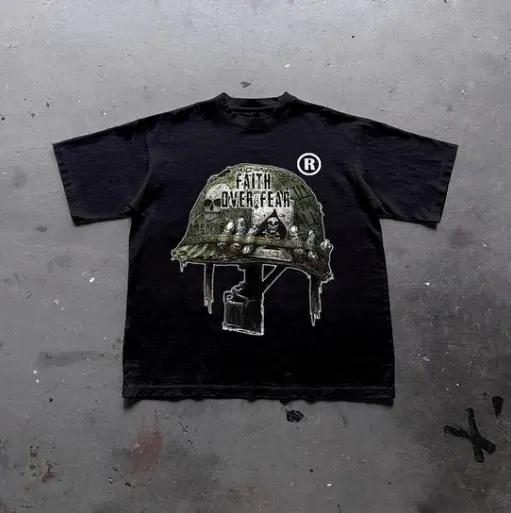 War Helmet Faith Over Fear Graphic Print Cotton T-Shirt, grunge y2k emo scene tapout goth amity affliction style clothes, Unisex T-shirt