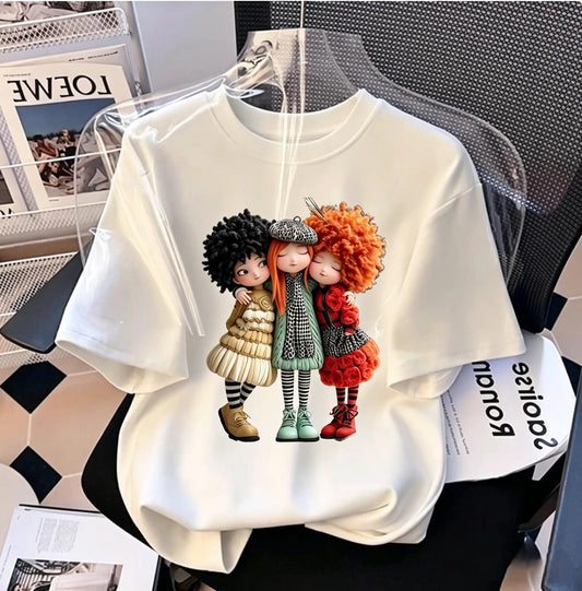 Women's Plus Size Cute Casual Oversized Short-Sleeve Cotton T-Shirt - Soft, Breathable, Round Neck Top with 3 BFF Doll Graphic, Vintage Squad Print, Curvy Fit Crewneck T-Shirt summerwins