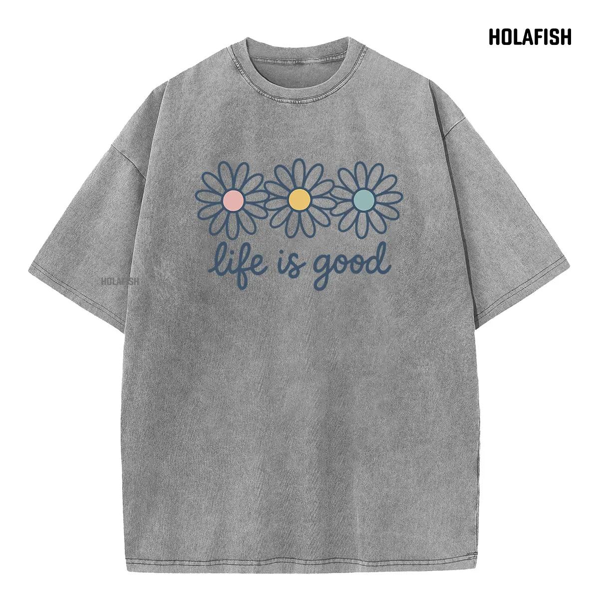 Holafish Upgraded Acid Wash Tee for Women Cotton Trendy Graphic T-Shirt Drop Shoulder Design for Vintage Streetwear Unisex Baggy Hip Hop Style Acid Washed Graphic Tee Mother's Day Gift