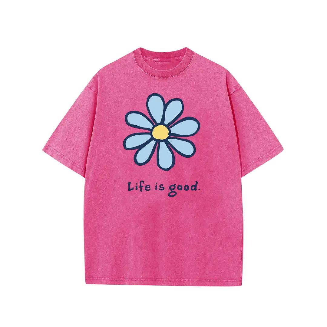 Holafish Womens Daisy, Life Print Graphic Tee, Acid Washed T-Shirt with Drop Shoulder Design, Unisex Baggy Hip Hop Vintage Streetwear Style, Mothers Day Gift