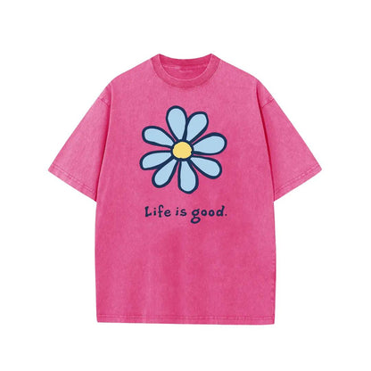 Holafish Womens Daisy, Life Print Graphic Tee, Acid Washed T-Shirt with Drop Shoulder Design, Unisex Baggy Hip Hop Vintage Streetwear Style, Mothers Day Gift