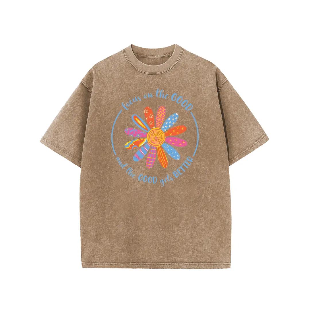 Holafish Flower Print T-Shirt, Unisex Heavy-Weight Cotton Acid Washed Graphic Short Sleeve Casual Tee for Streetwear, Weekend Wear and Everyday Style