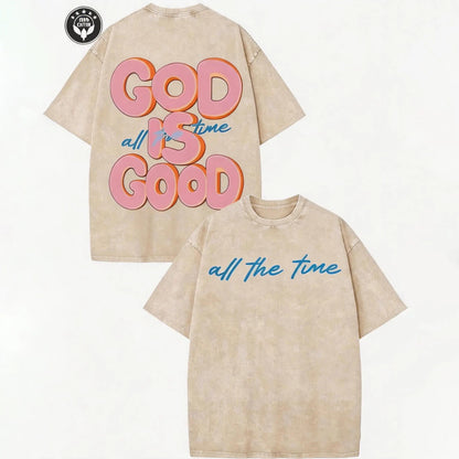 Vintage Christian T-Shirt, God Is Good All The Time Washed Black Cotton Oversized Short Sleeve Tee, Retro Faith Based Graphic Casual Crewneck Shirt for Believers
