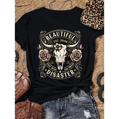 [100%25 Cotton] Women'S Western Cowboy Graphic T-Shirt - Black Short Sleeve Crew Neck Top With Bull Skull & Floral Design, "" Vintage 2008 Text, Casual Spring/Summer Tee For Outdoor & Casual Attire T-Shirt For Men And Women.oversized gym shirts