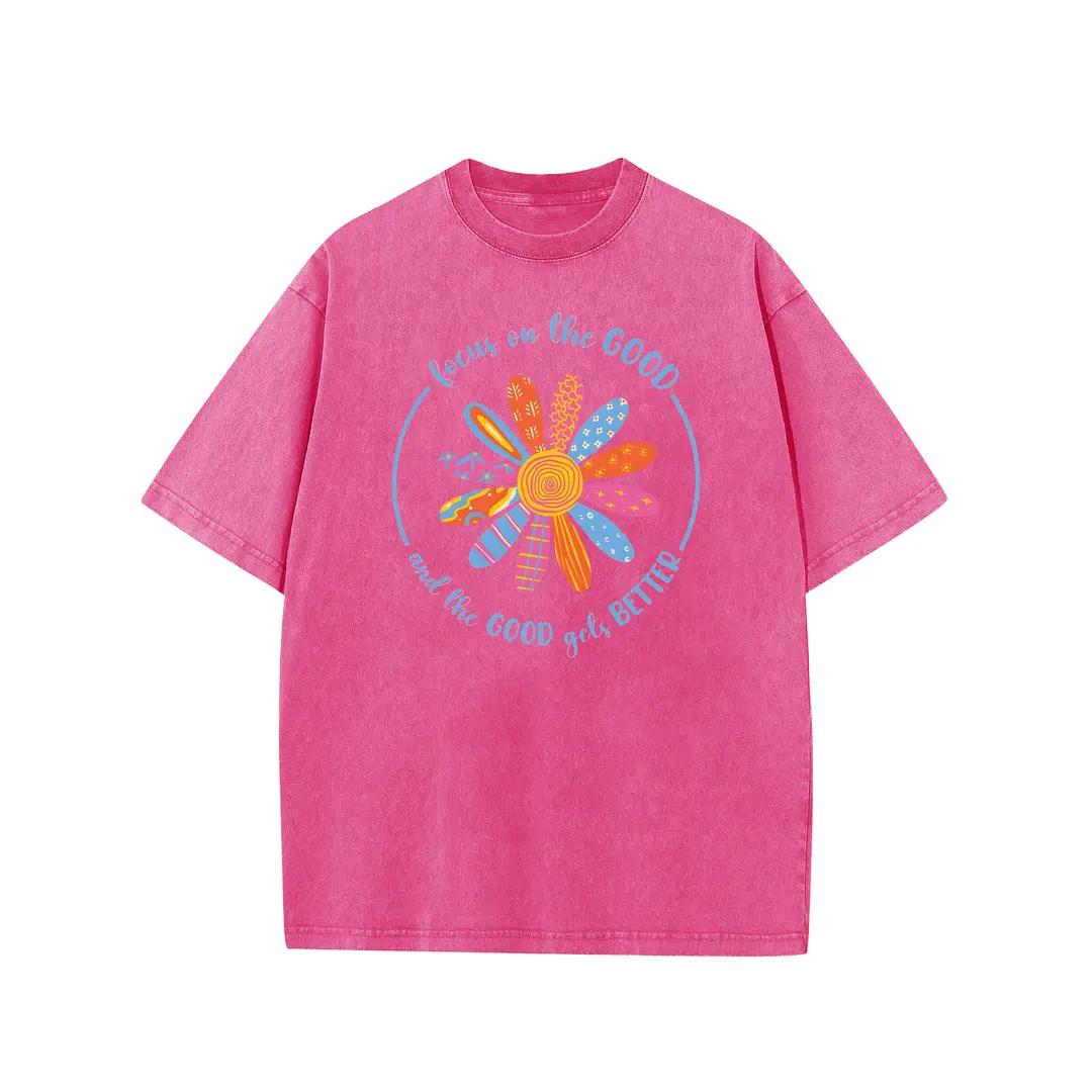 Holafish Flower Print T-Shirt, Unisex Heavy-Weight Cotton Acid Washed Graphic Short Sleeve Casual Tee for Streetwear, Weekend Wear and Everyday Style