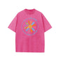 Holafish Flower Print T-Shirt, Unisex Heavy-Weight Cotton Acid Washed Graphic Short Sleeve Casual Tee for Streetwear, Weekend Wear and Everyday Style