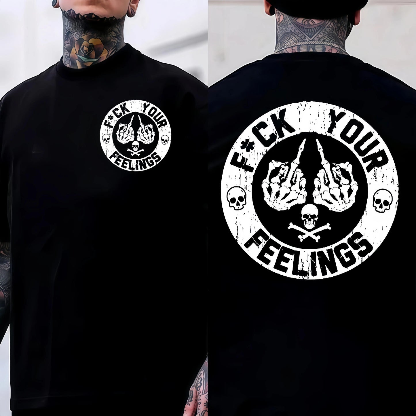 Men's "F*ck Your Feelings" Skull Graphic T-Shirt, Short-Sleeve Round Neck Loose Menswear, Bold Statement Limited Edition Fashion Streetwear Casual Angel Tee tiktokshopspringglowup,summervibes outdoorfun